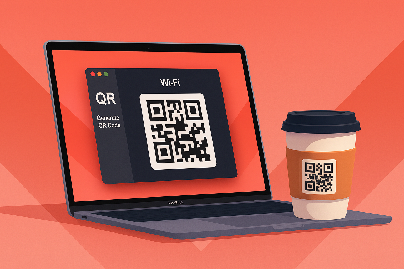 A sleek, modern image of a MacBook with the QR Code app open, showing a generated Wi-Fi QR code next to a coffee cup.